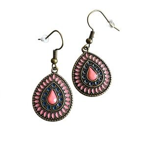 Boho Antique Gold with Pink and Grey Teardrop Drop Earrings